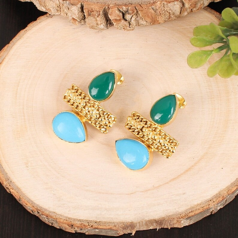 Turquoise and Green Onyx Gold Drop Earrings