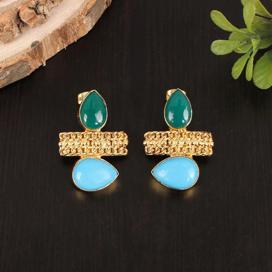 Turquoise and Green Onyx Gold Drop Earrings