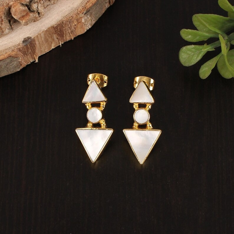 Mother of Pearl Gold Plated Brass Gemstone Handmade Dangle Earring