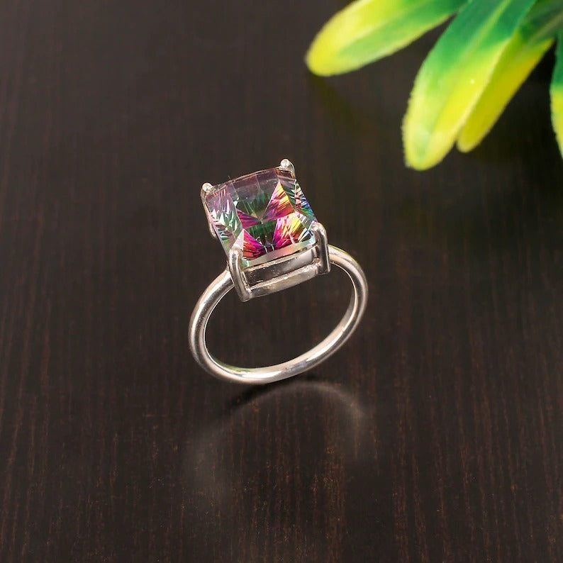 92.5 Sterling Silver Natural Mystic Topaz Ring