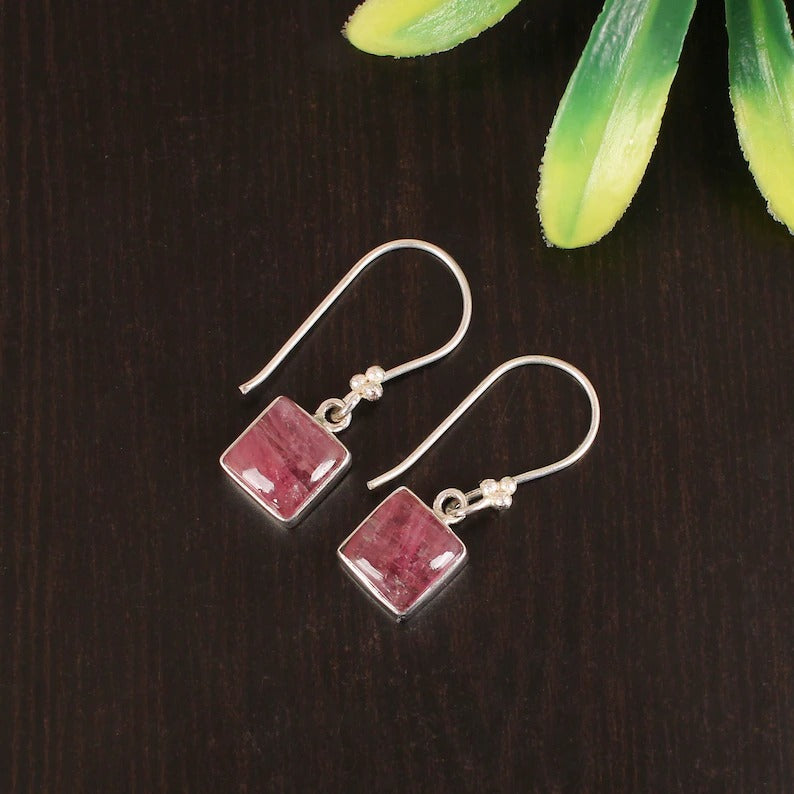 925 Sterling Silver Natural Pink Tourmaline Gemstone Earring