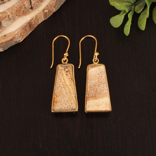 Picture Jasper Gemstone Brass Dangle Earring