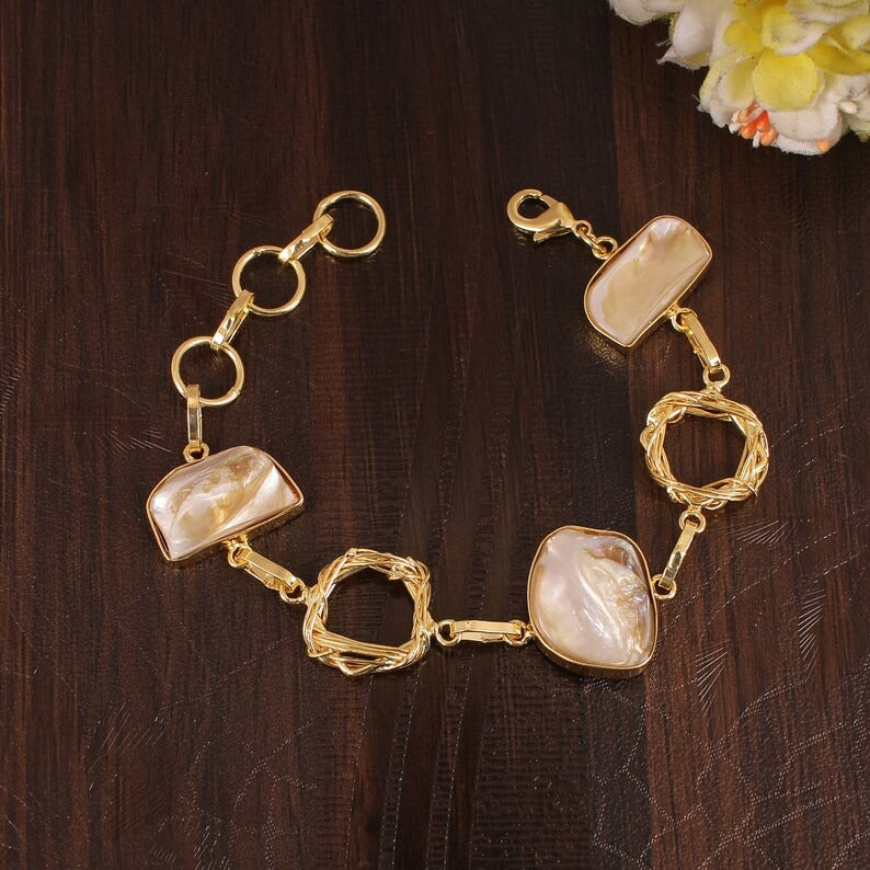 Mother of Pearl Gemstone Gold Plated Brass Bracelet