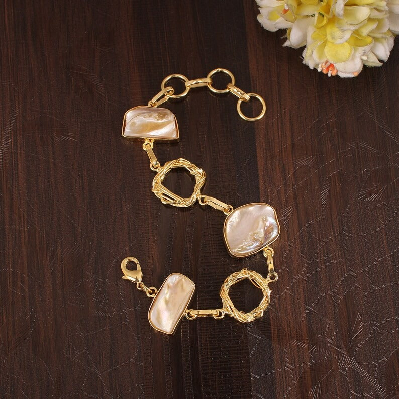 Mother of Pearl Gemstone Gold Plated Brass Bracelet