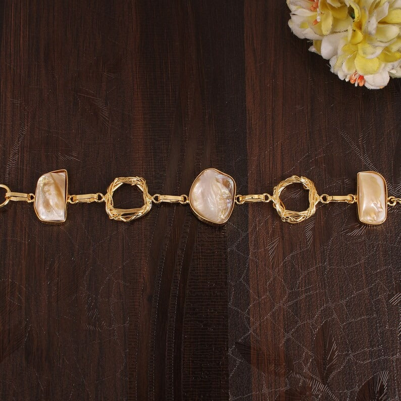 Mother of Pearl Gemstone Gold Plated Brass Bracelet