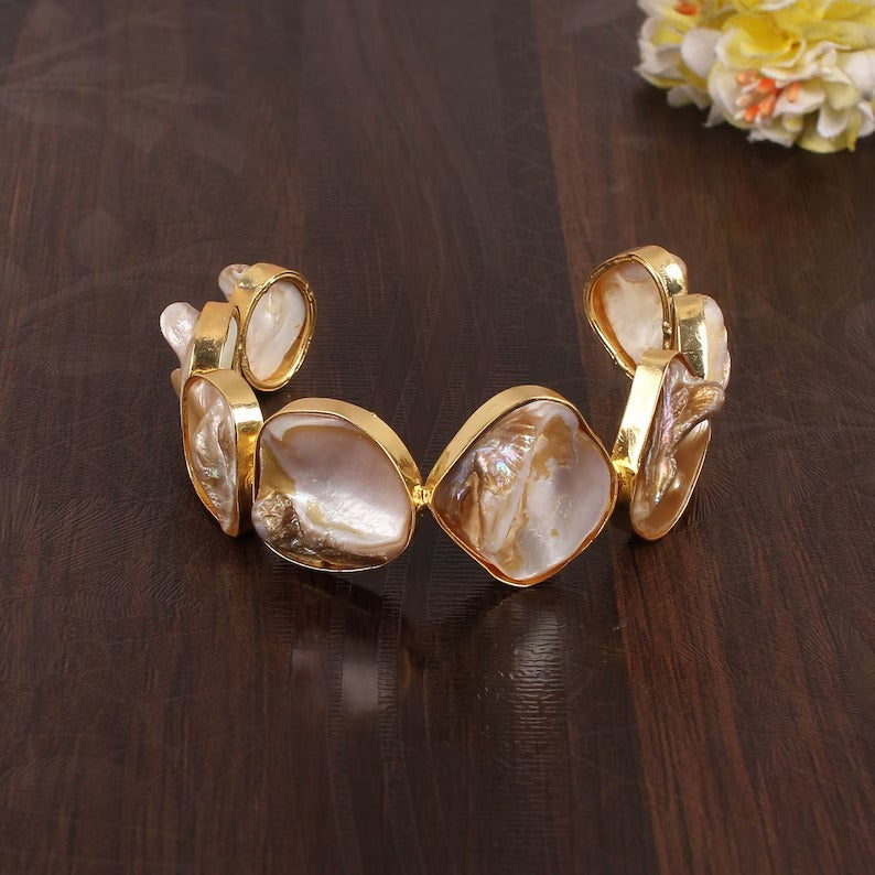 Mother of Pearl Gemstone Brass Gold Plated Bangle