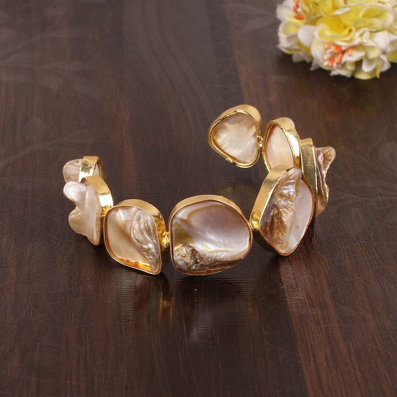 Mother of Pearl Gemstone Brass Gold Plated Bangle