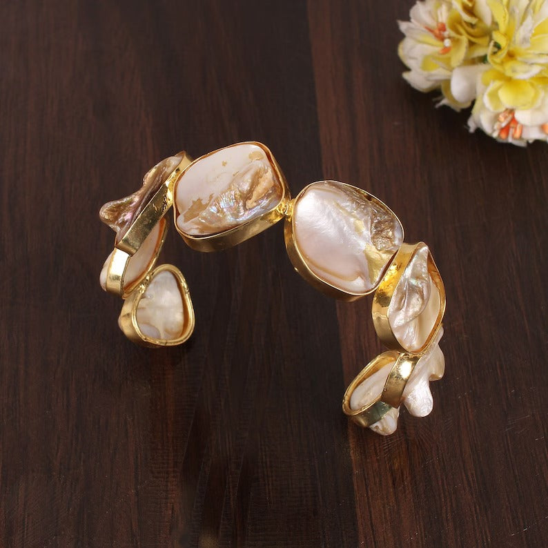 Mother of Pearl Gemstone Brass Gold Plated Bangle