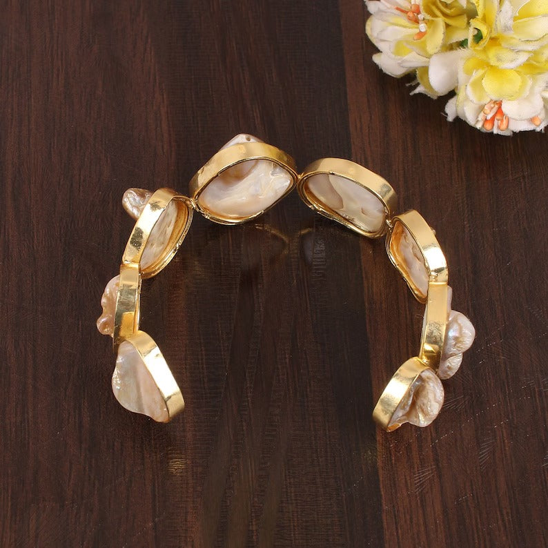 Mother of Pearl Gemstone Brass Gold Plated Bangle