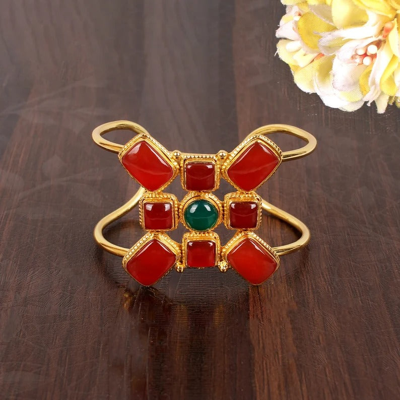 Green Onyx & Red Onyx Gemstone Brass Cuff Bangle