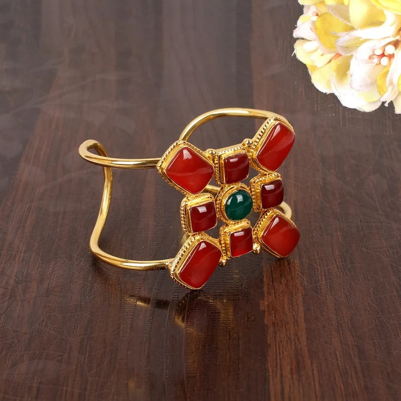 Green Onyx & Red Onyx Gemstone Brass Cuff Bangle