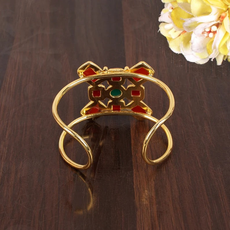 Green Onyx & Red Onyx Gemstone Brass Cuff Bangle