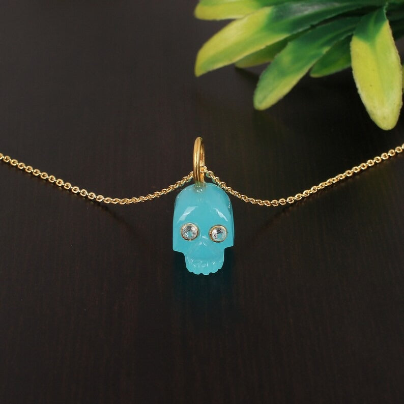 Aqua Chalcedony Gemstone Carved Skull Head Necklace