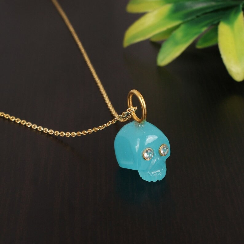 Aqua Chalcedony Gemstone Carved Skull Head Necklace