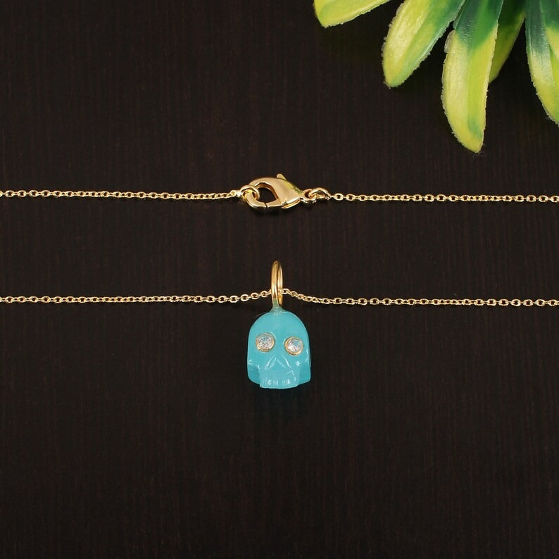 Aqua Chalcedony Gemstone Carved Skull Head Necklace