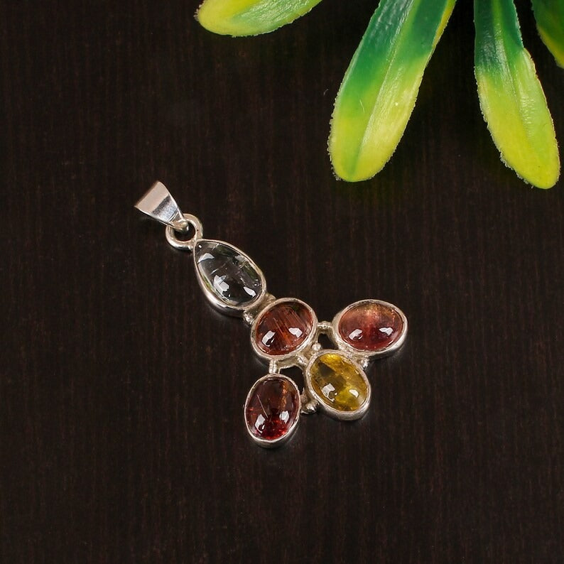 Natural Multi-Tourmaline Gemstone 92.5 Silver Pendant