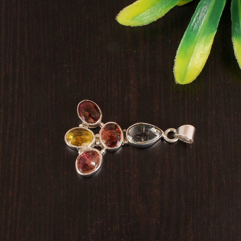 Natural Multi-Tourmaline Gemstone 92.5 Silver Pendant