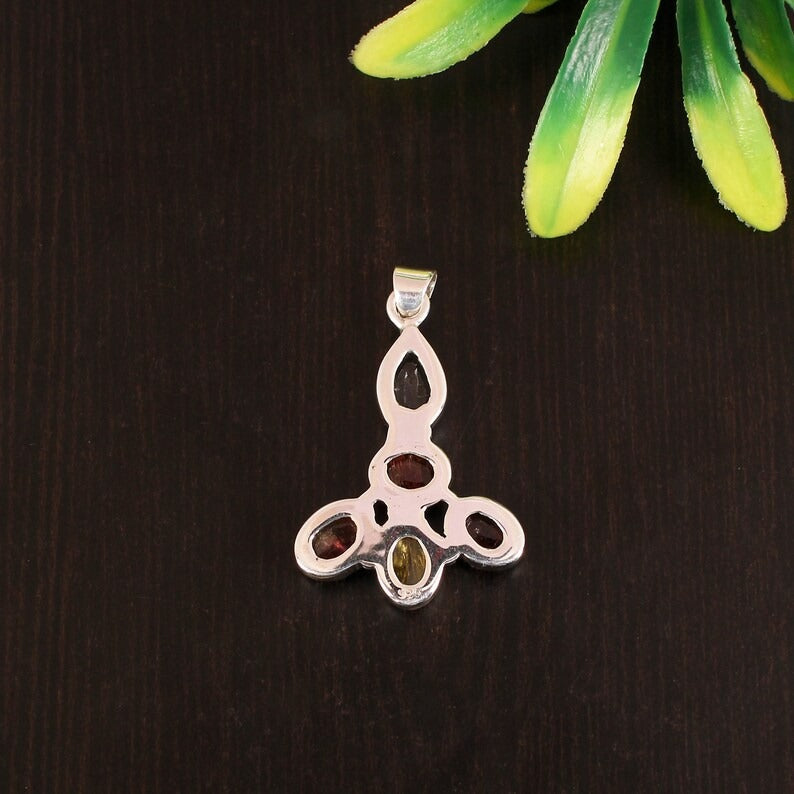 Natural Multi-Tourmaline Gemstone 92.5 Silver Pendant