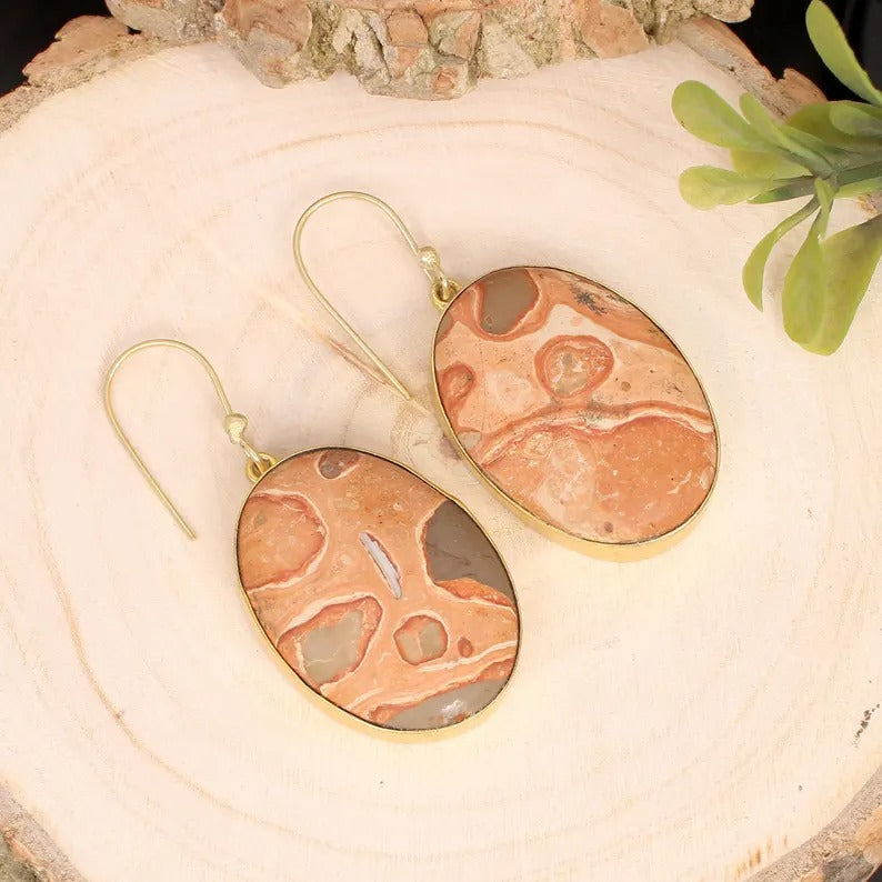 Natural Mookite Jasper Gemstone Gold Plated Brass Earrings