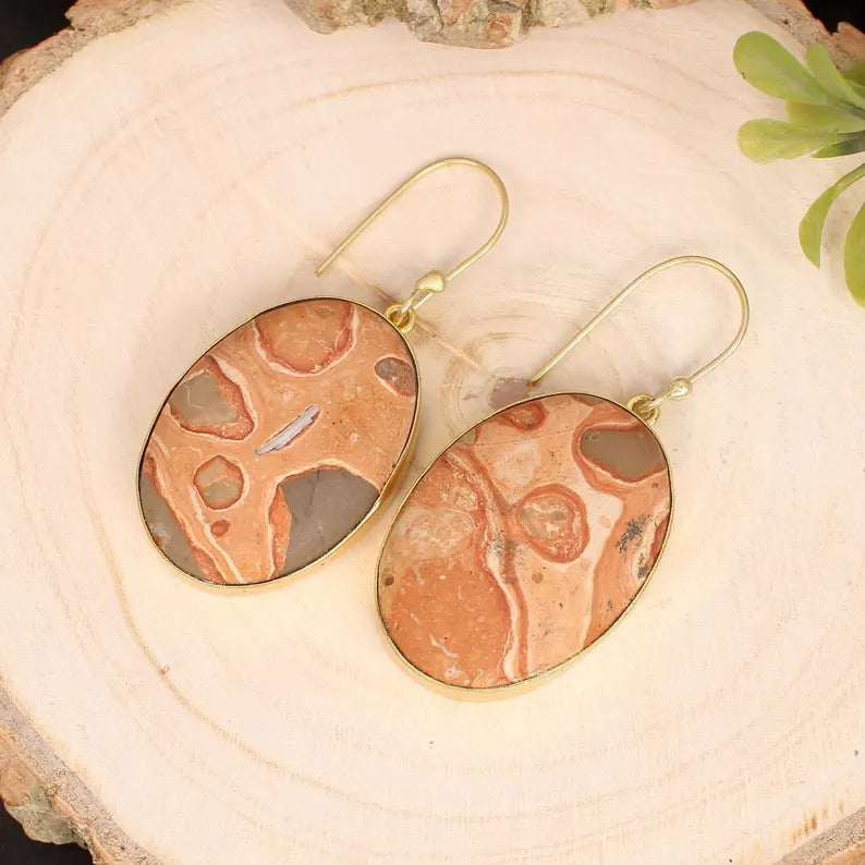 Natural Mookite Jasper Gemstone Gold Plated Brass Earrings