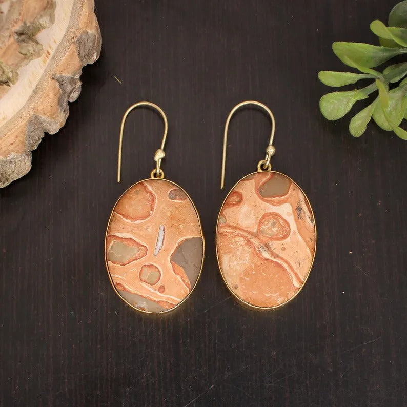Natural Mookite Jasper Gemstone Gold Plated Brass Earrings