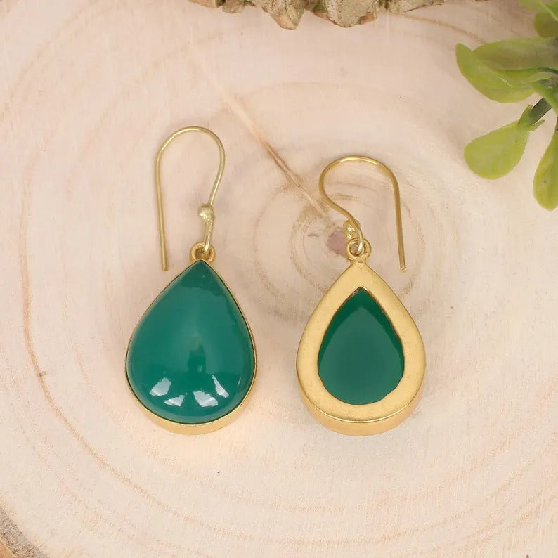 Green Onyx Pear Gemstone Gold Plated Brass Earrings