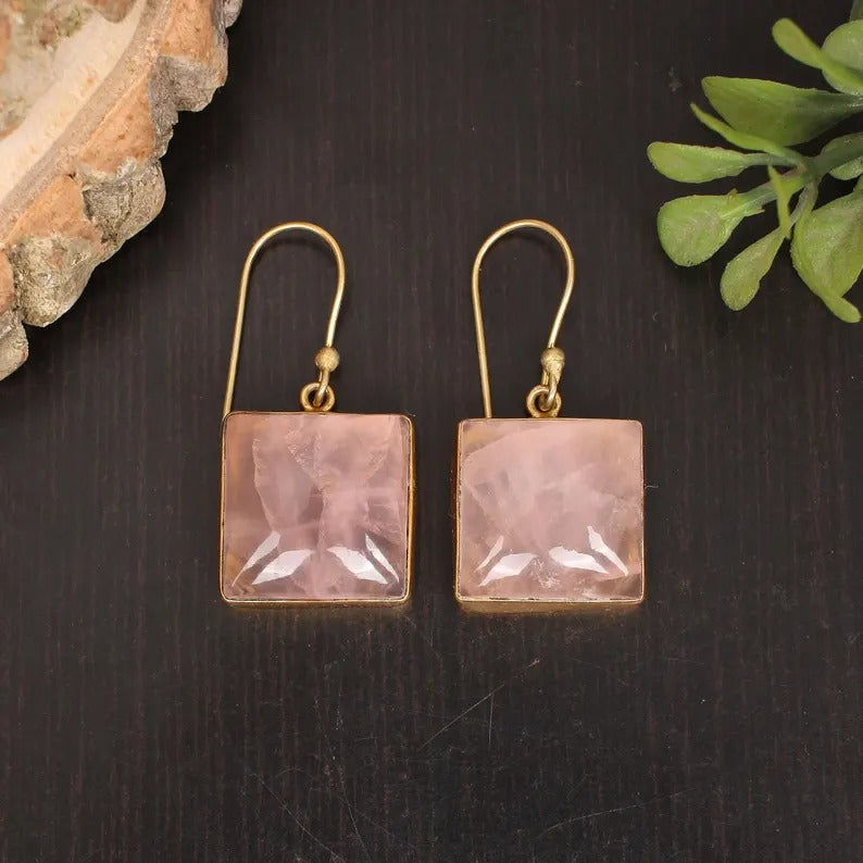 Natural Rose Quartz Gemstone Vintage Gold Plated Brass Earring