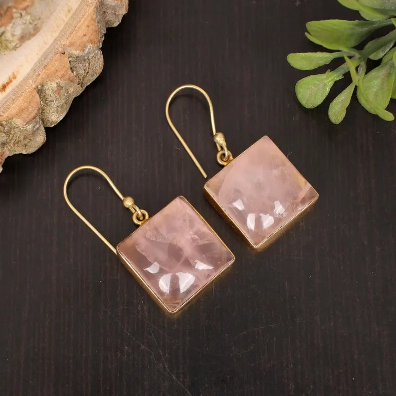 Natural Rose Quartz Gemstone Vintage Gold Plated Brass Earring