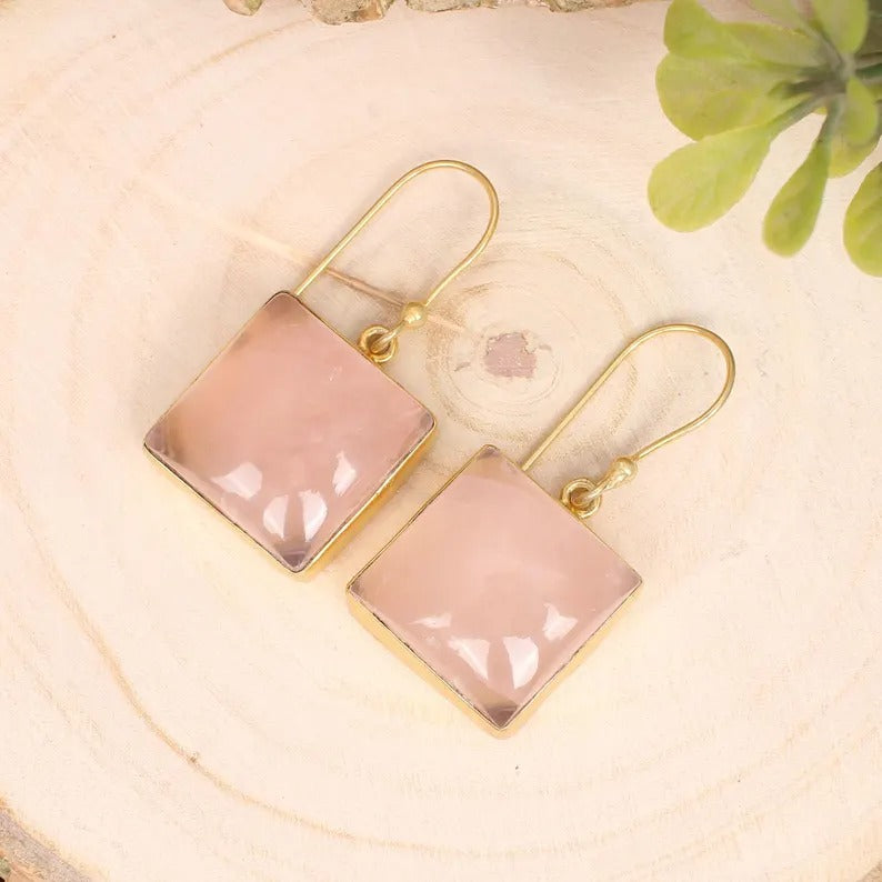 Natural Rose Quartz Gemstone Vintage Gold Plated Brass Earring