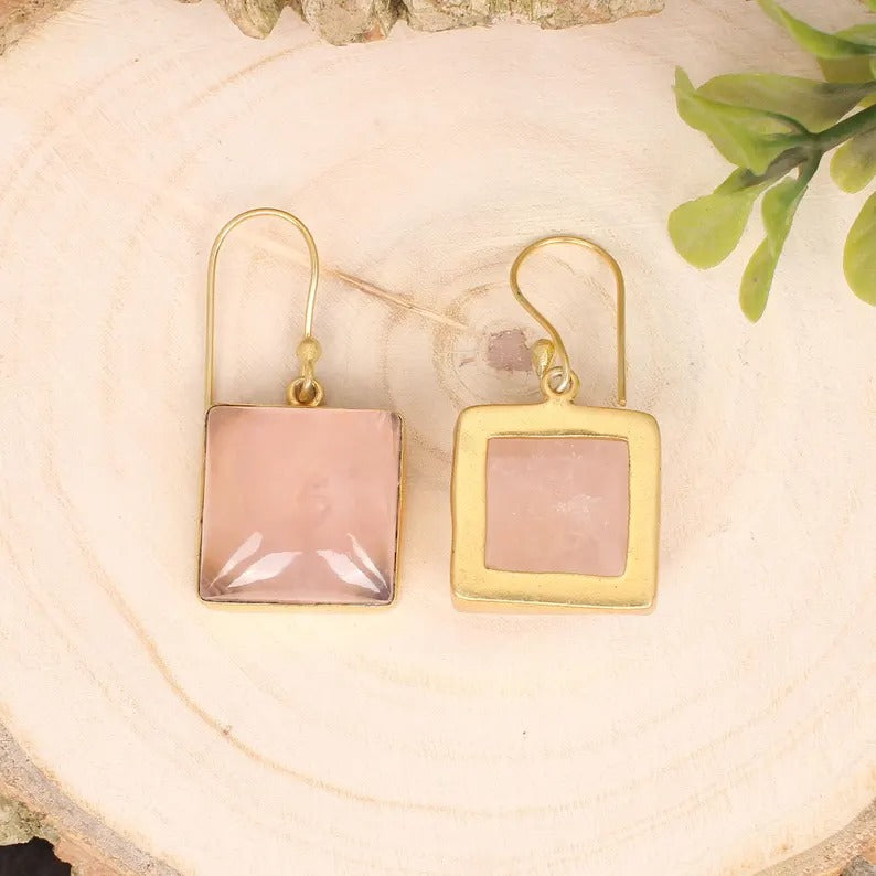 Natural Rose Quartz Gemstone Vintage Gold Plated Brass Earring