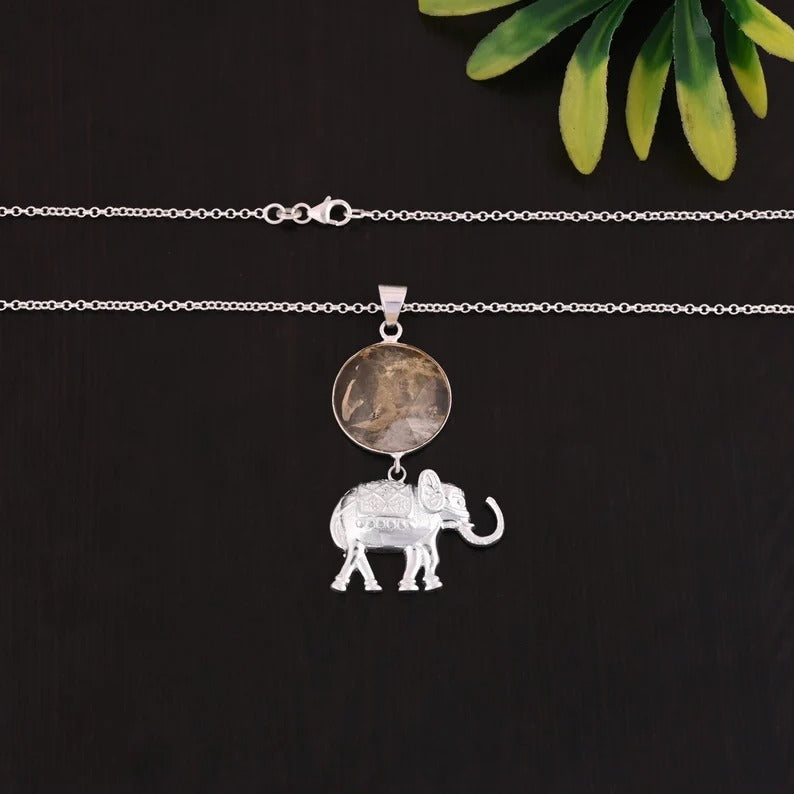 925 Sterling Silver Golden Rutile Gemstone Elephant Necklace