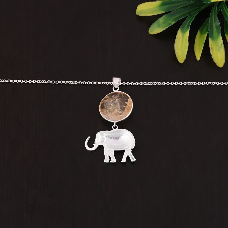 925 Sterling Silver Golden Rutile Gemstone Elephant Necklace