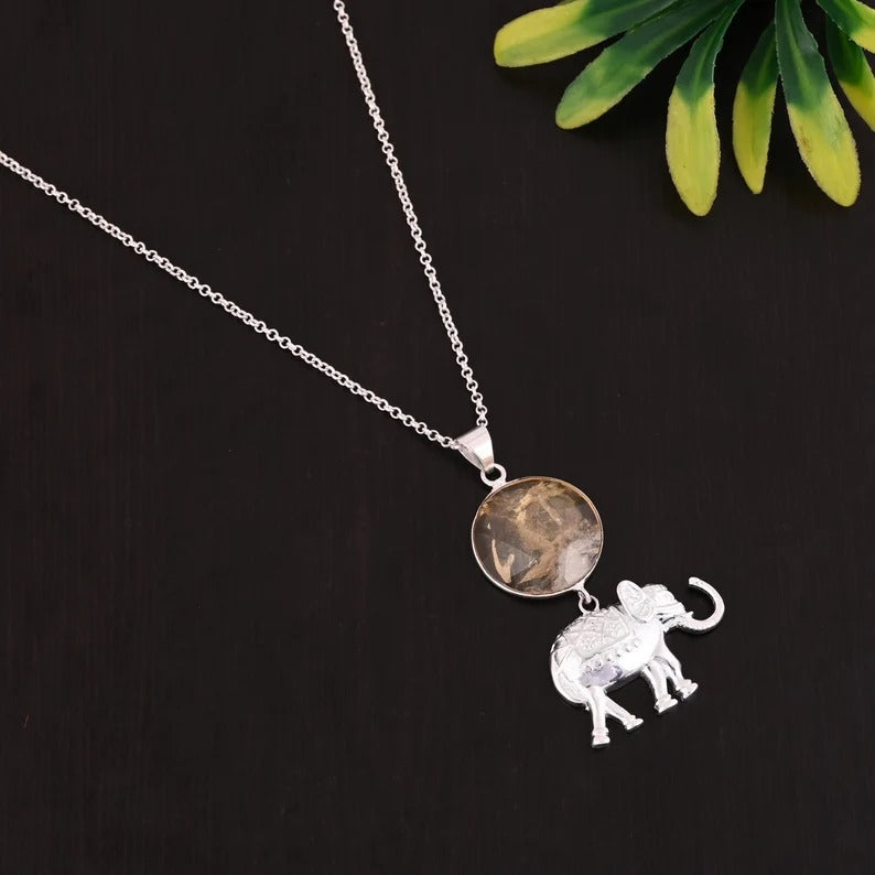 925 Sterling Silver Golden Rutile Gemstone Elephant Necklace