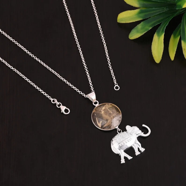 925 Sterling Silver Golden Rutile Gemstone Elephant Necklace