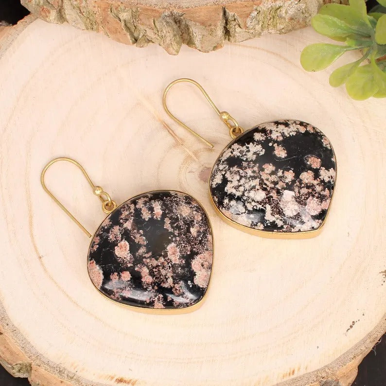 Firework Obsidian Gemstone Gold Plated Brass Earrings