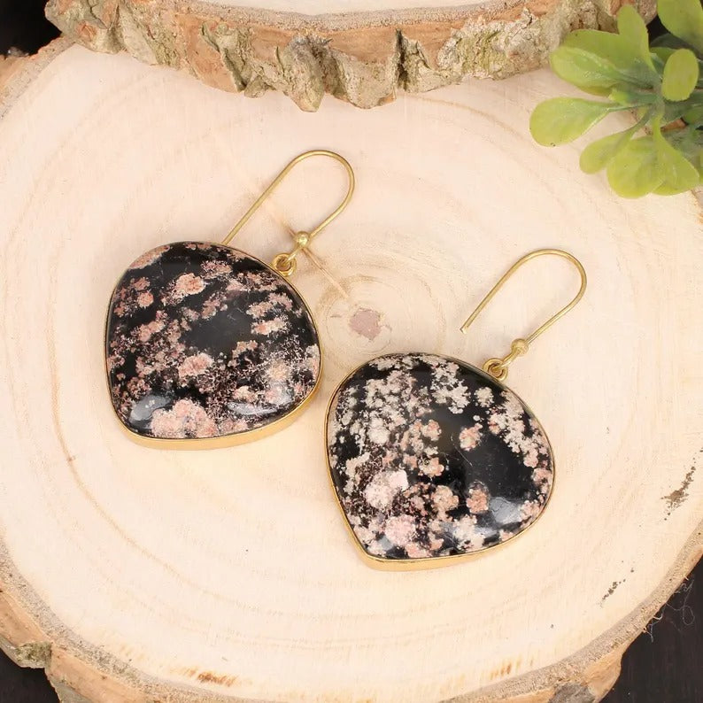 Firework Obsidian Gemstone Gold Plated Brass Earrings