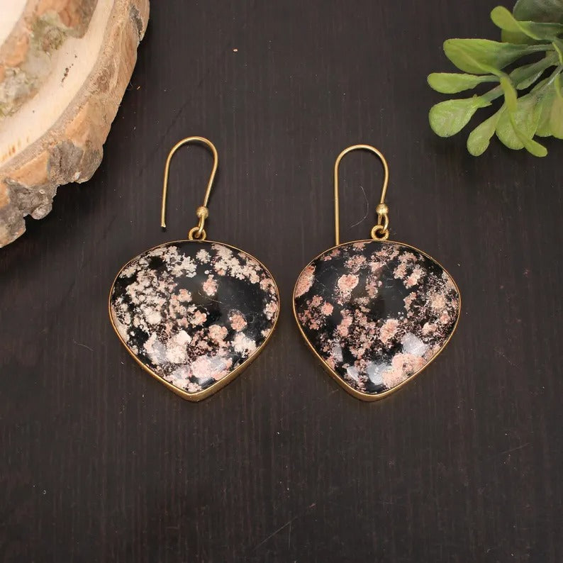 Firework Obsidian Gemstone Gold Plated Brass Earrings