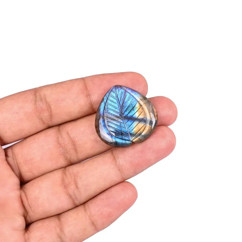 Blue Flashy Labradorite Heart Shape Leaf Carving Gemstone