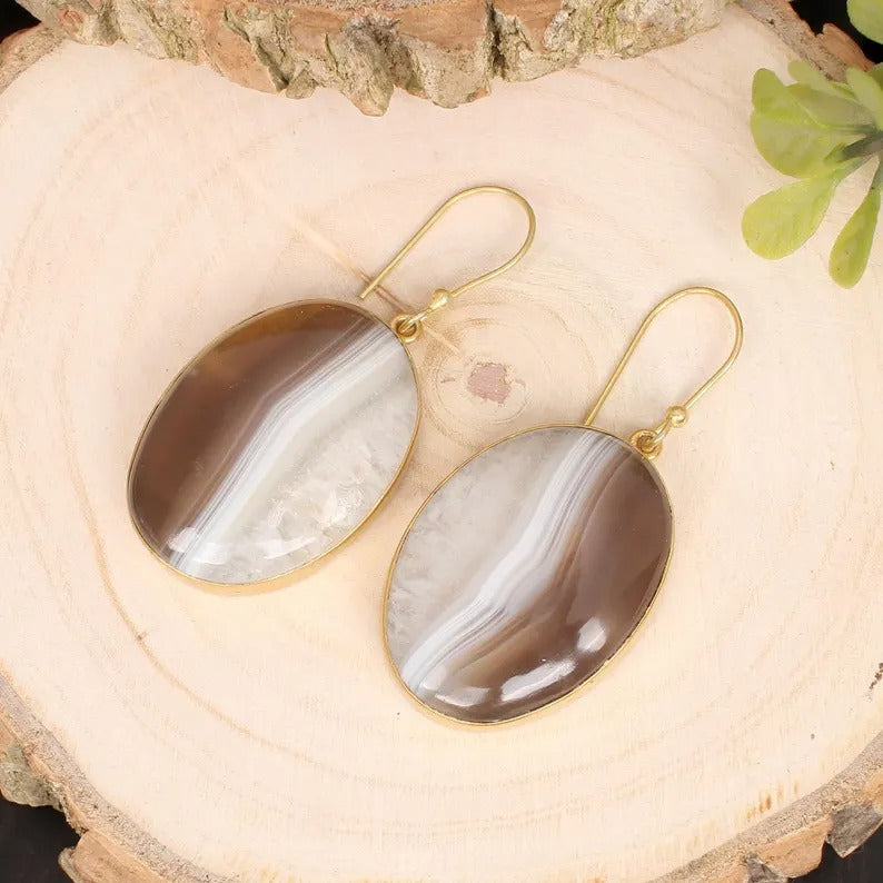 Botswana Agate Gold Plated Brass Earrings