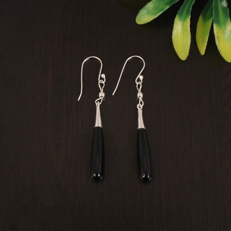 92.5 Sterling Silver Genuine Black Onyx Dangle Earring