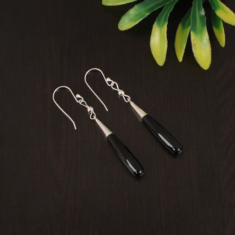 92.5 Sterling Silver Genuine Black Onyx Dangle Earring