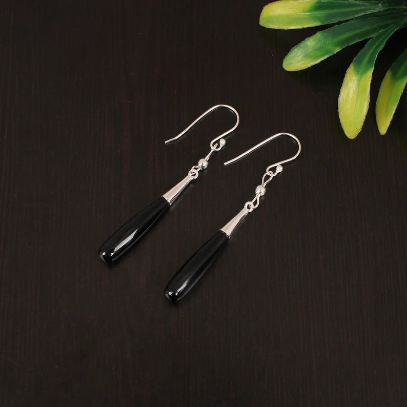 92.5 Sterling Silver Genuine Black Onyx Dangle Earring