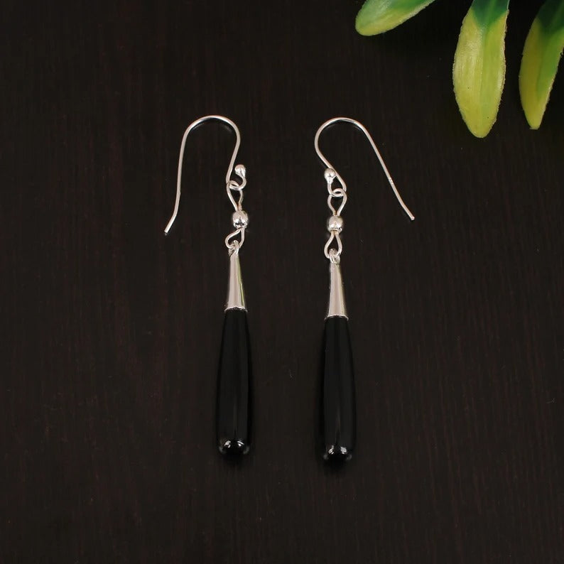 92.5 Sterling Silver Genuine Black Onyx Dangle Earring