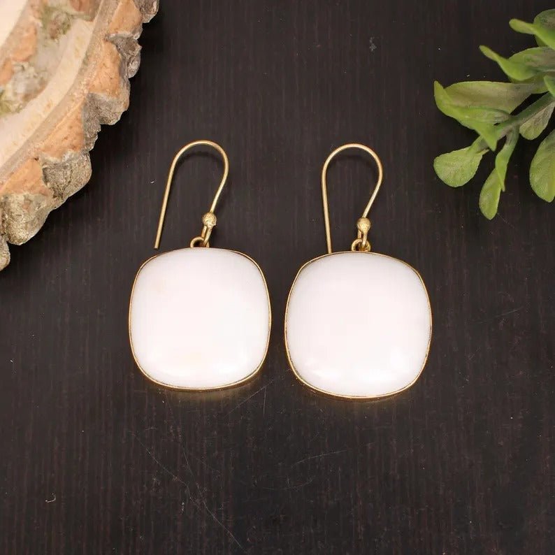 White King Agate Gemstone Gold Plated Brass Earrings