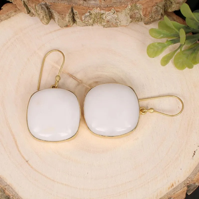 White King Agate Gemstone Gold Plated Brass Earrings