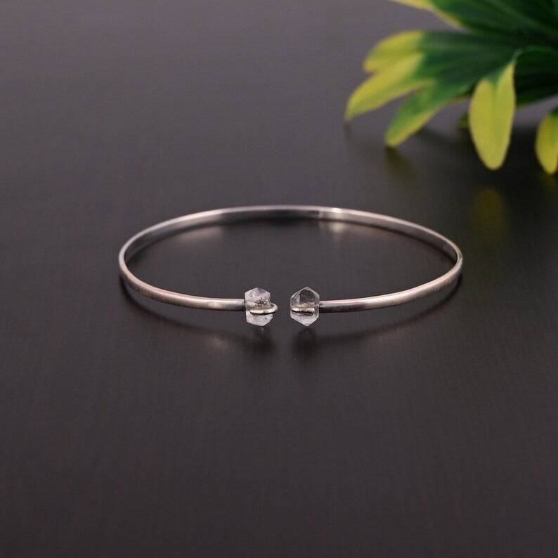 92.5 Sterling Silver Raw Crystal Gemstone Adjustable Bangle