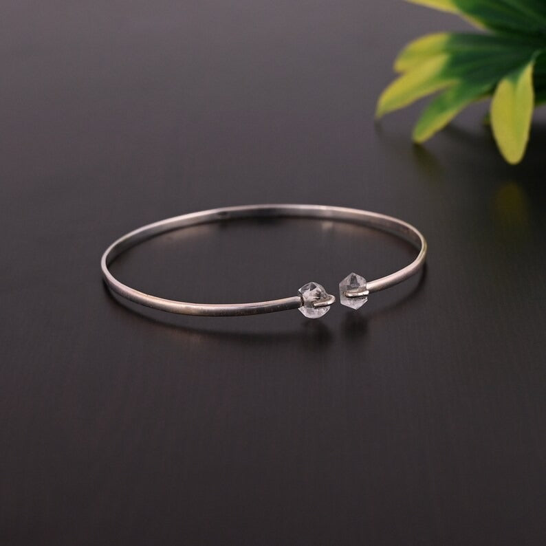 92.5 Sterling Silver Raw Crystal Gemstone Adjustable Bangle