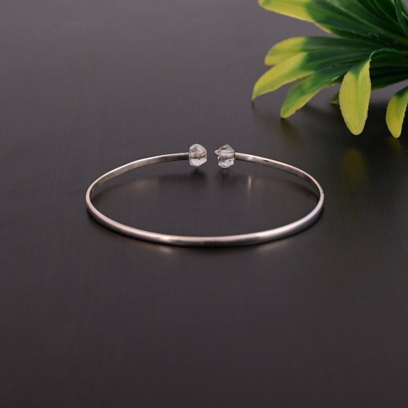 92.5 Sterling Silver Raw Crystal Gemstone Adjustable Bangle