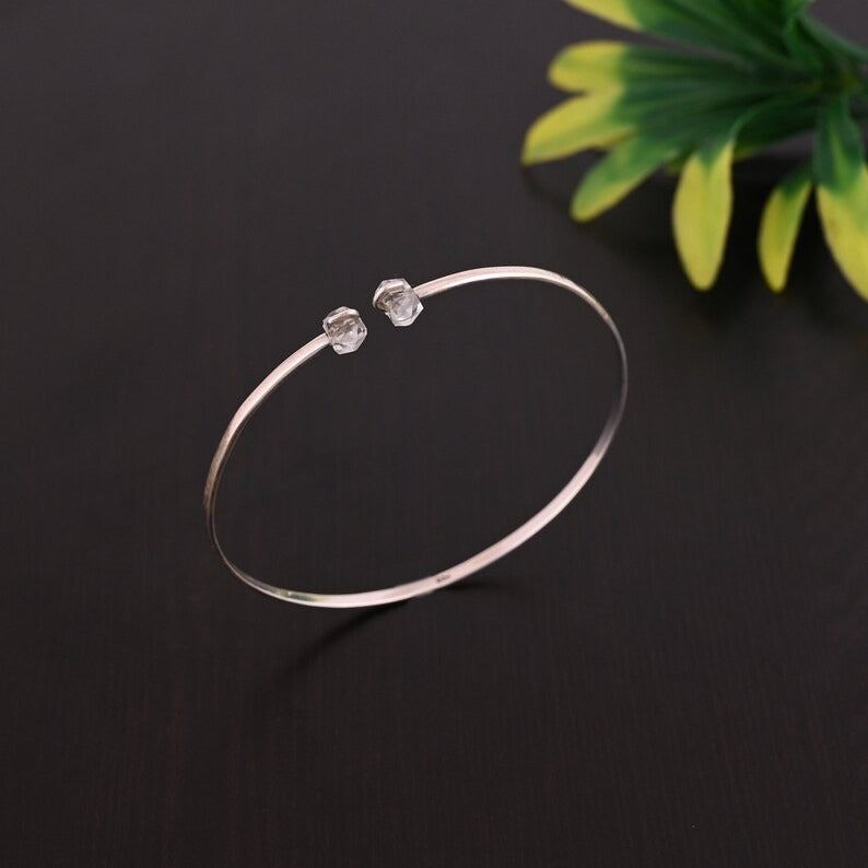 92.5 Sterling Silver Raw Crystal Gemstone Adjustable Bangle