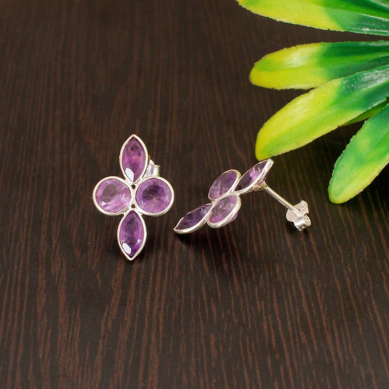 925 Sterling Silver Amethyst Stud Earring